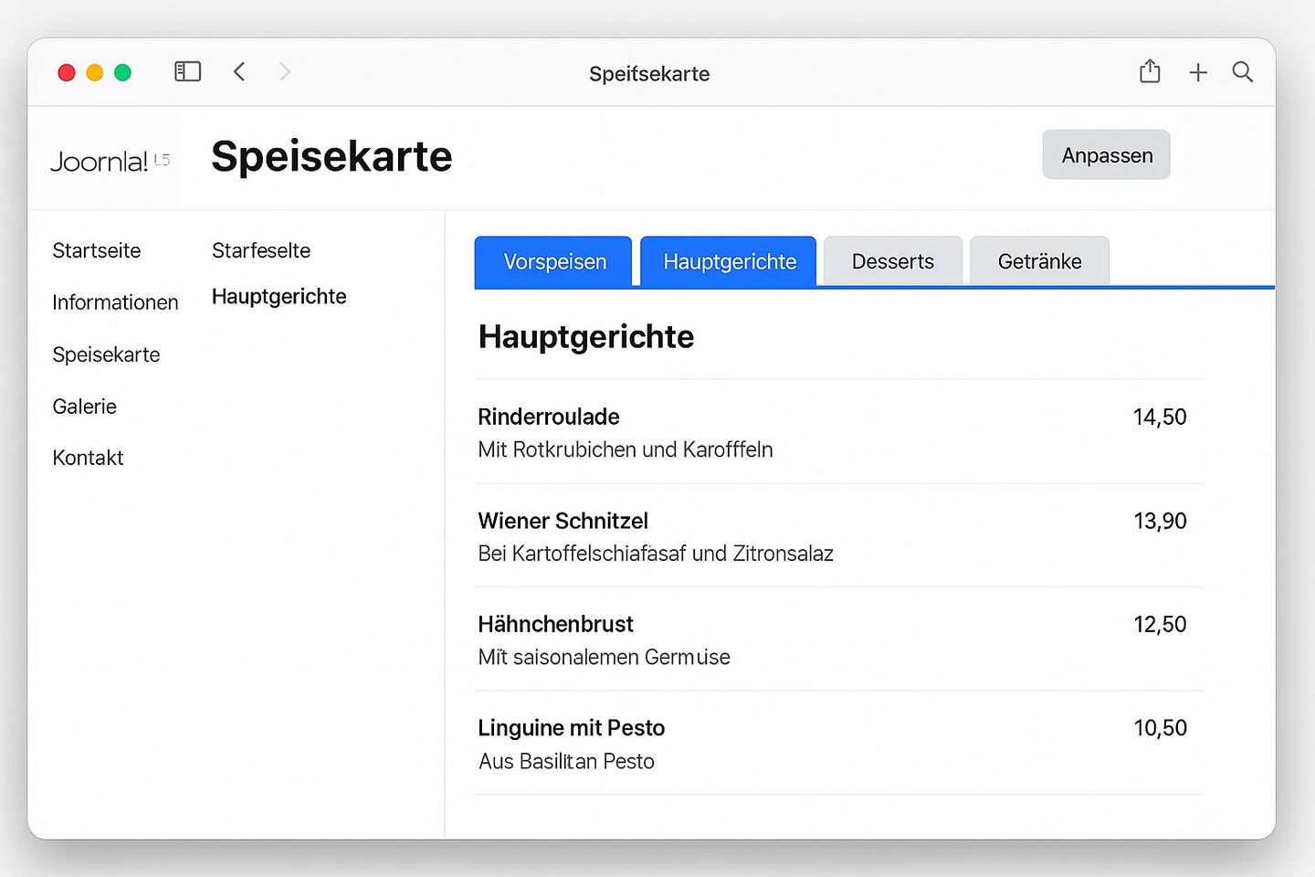 Speisekartenkomponente für Joomla
